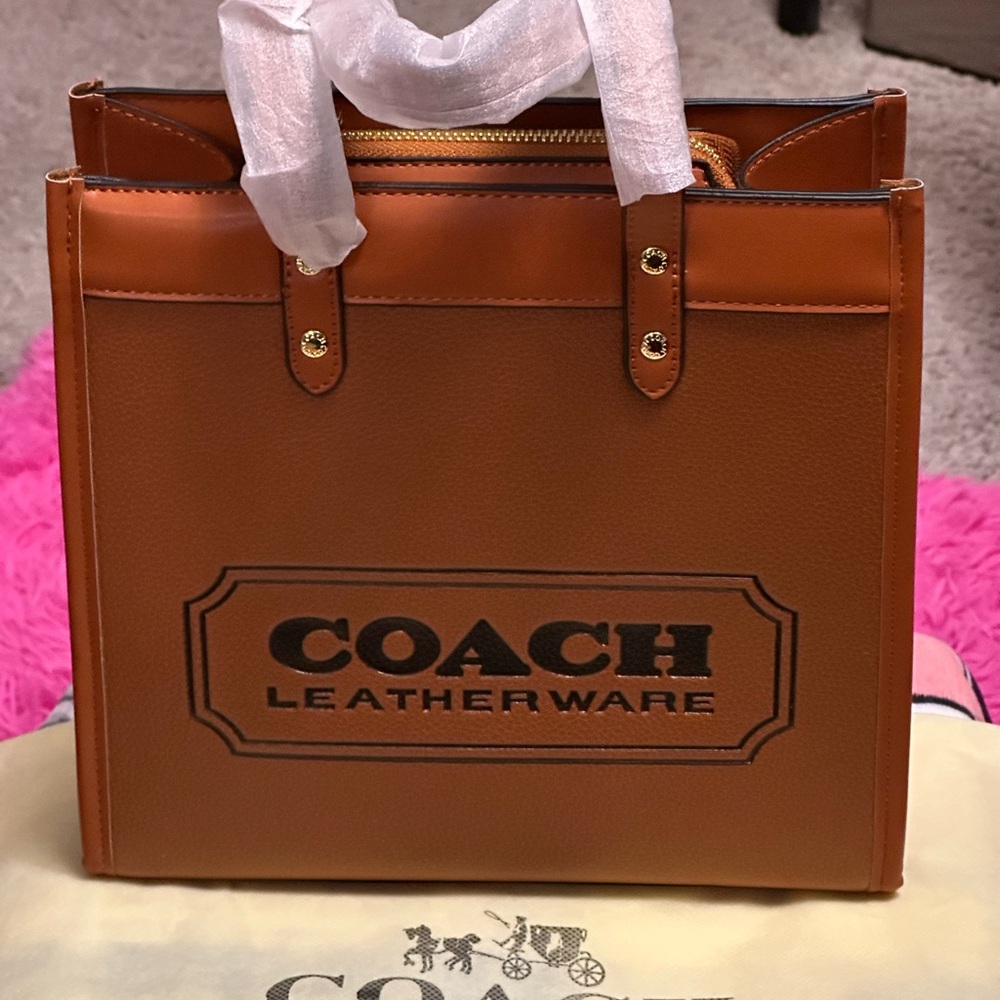 Coach Brown Leatherware Logo Tote with Black Print